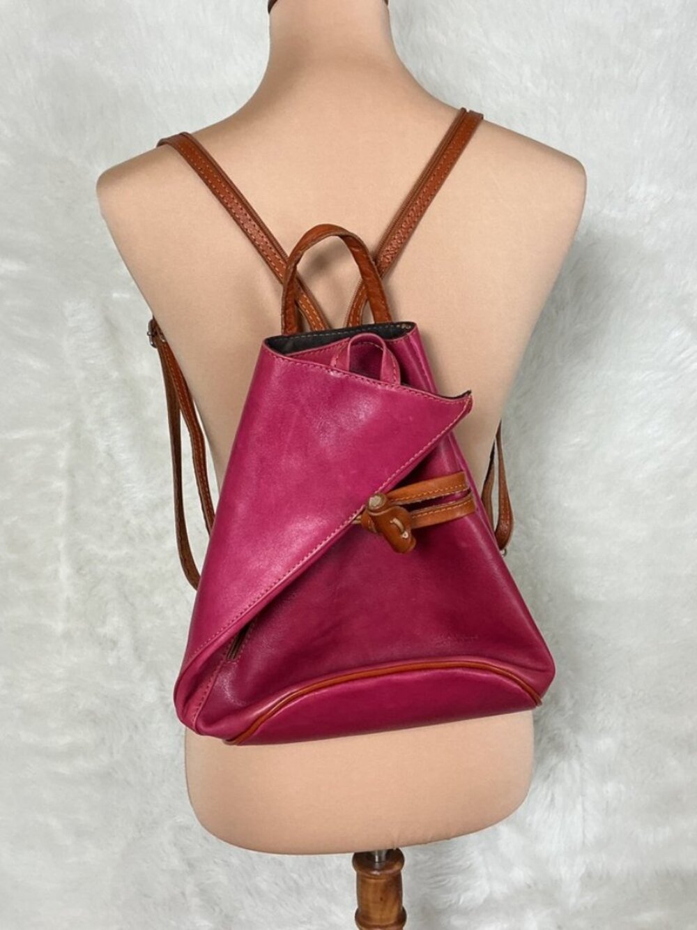 Vera Pelle Pink & Brown Leather Convertible Sling Backpack